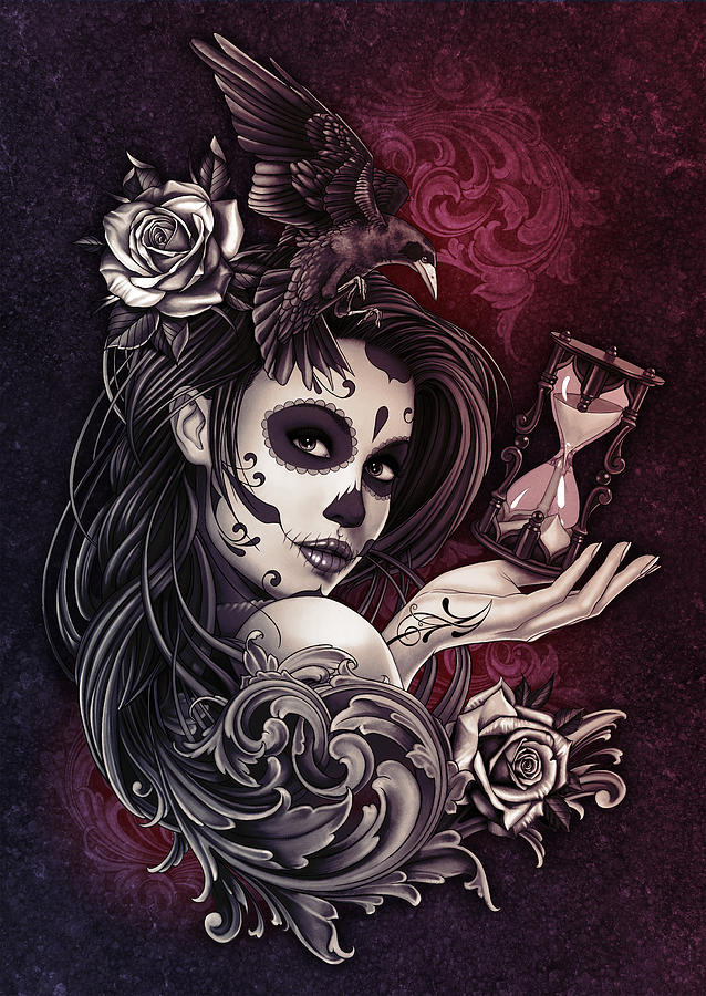 Tattoo Style Sugar Skull Girl with Bird Digital Art by Ben Krefta - Pixels