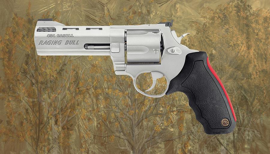 Taurus Raging Bull 454 Casull Revolver Trees Texture Mixed Media by Movie Poster Prints