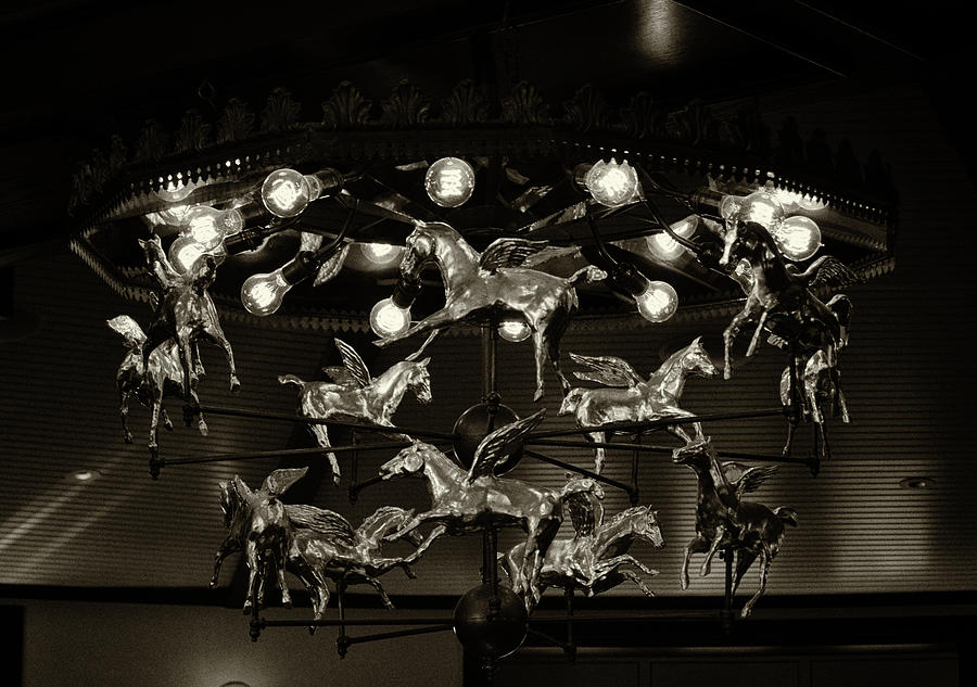 Tavern on the Green Rotating Golden Pegasus Bar Chandelier Manhattan New York City Sepia Photograph by Shawn OBrien