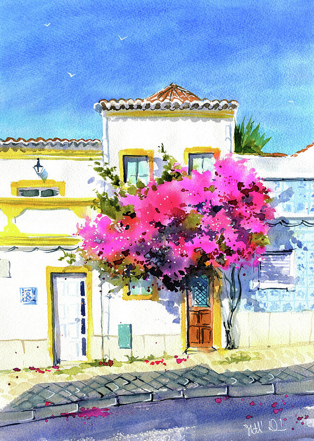 Tavira House With Bougainvillea Portugal Painting Painting by Dora Hathazi Mendes