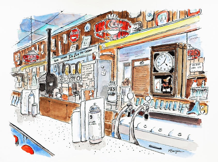 Taylors Soda Fountain Drawing by Mike Bergen