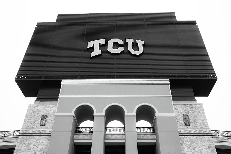 TCU Football Stadium Scoreboard - Black and White Photograph by Gregory Ballos