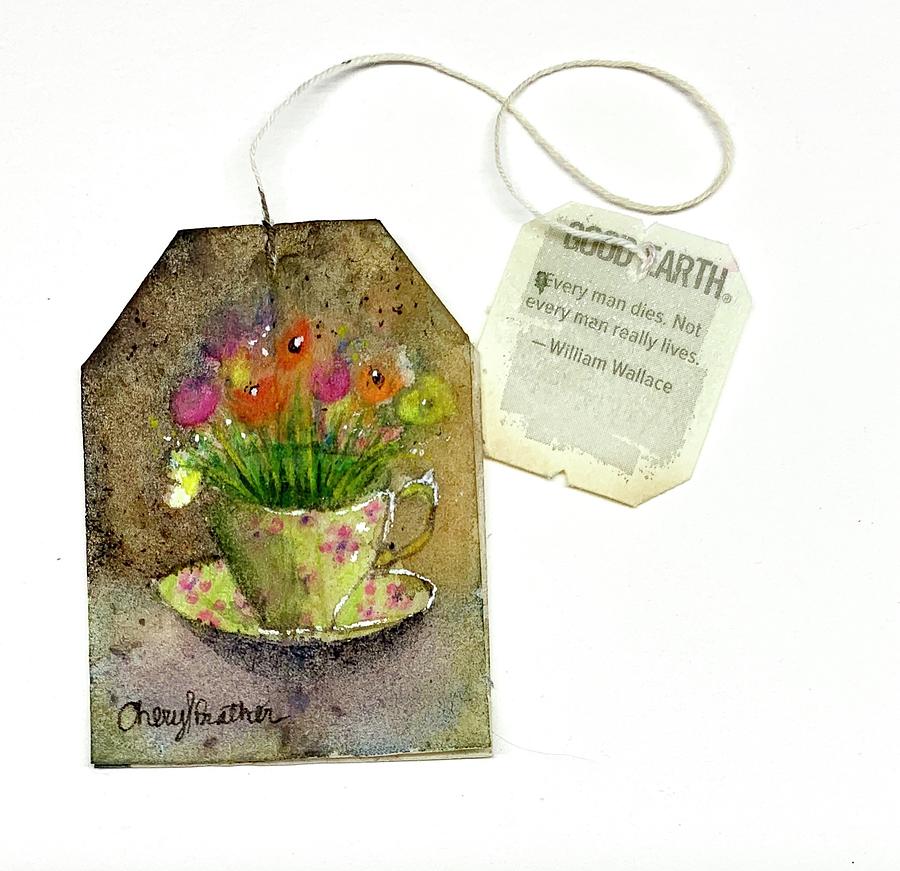 Teacup and Flowers Teabag Painting by Cheryl Prather