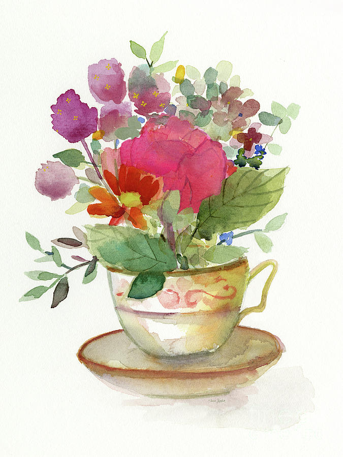 Original Vintage Tea Cup Rose Lace Watercolor Painting Art 