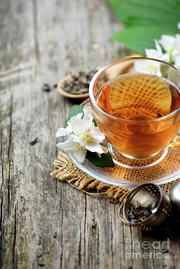 Tea cup with organic green tea and jasmine flower Photograph by Jelena Jovanovic