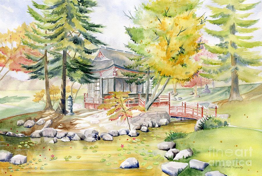 Tea House in Japanese Garden Painting by Melly Terpening