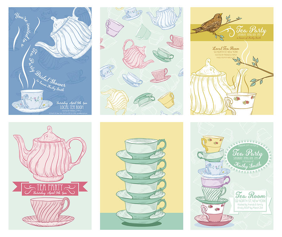 Tea Party Invitation Template Set Drawing by Diane Labombarbe
