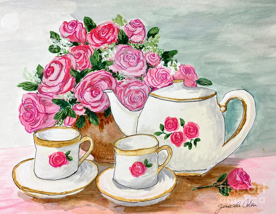 Tea Set with Pink Roses Painting by Janis Lee Colon