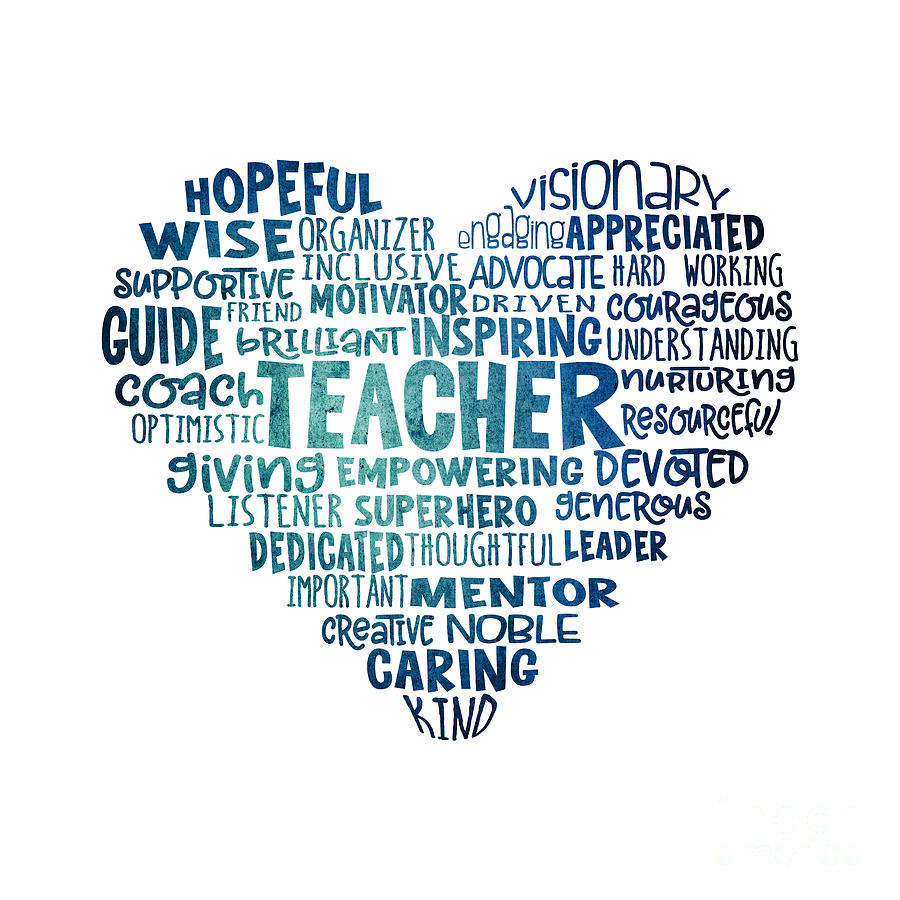 Teacher Word Cloud Heart in Blue Digital Art by Laura Ostrowski