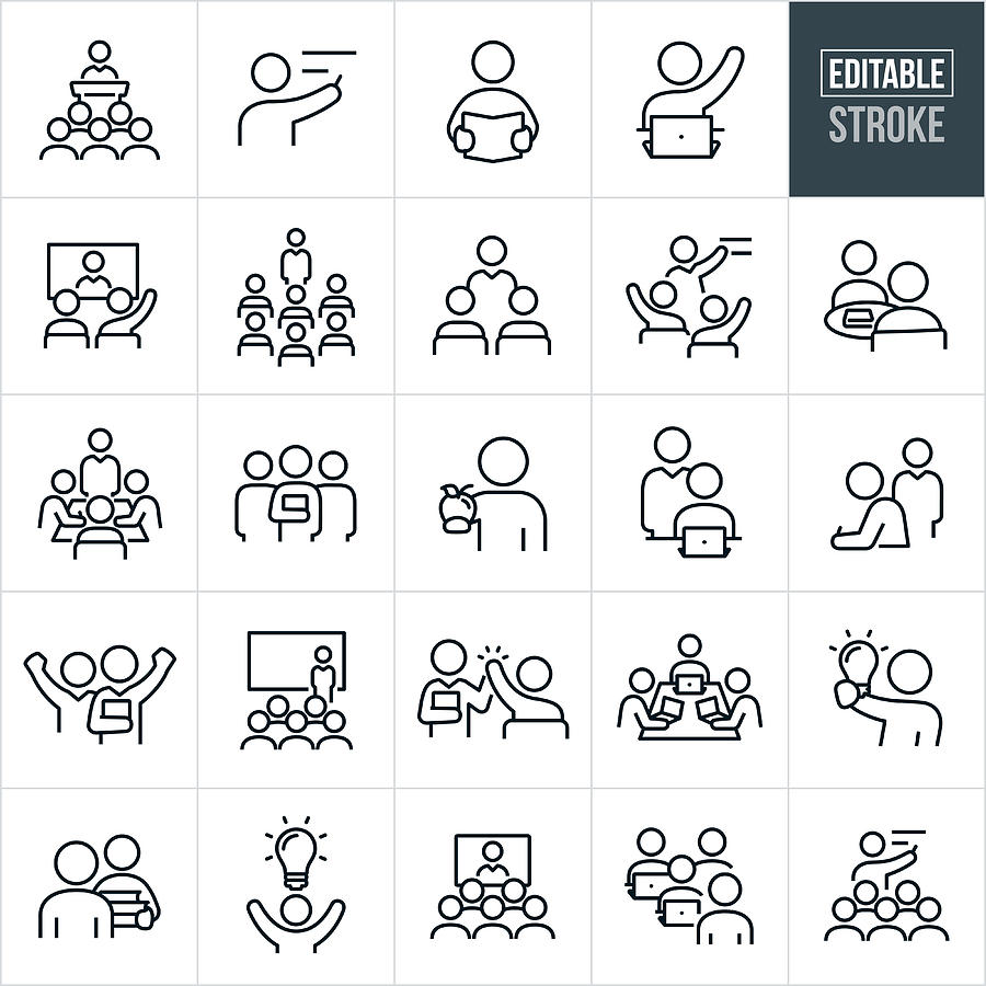 Teachers And Students Thin Line Icons - Editable Stroke Drawing by Appleuzr