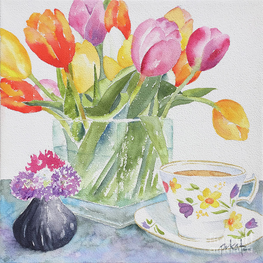 Teacup And Tulips Painting by Pat Katz