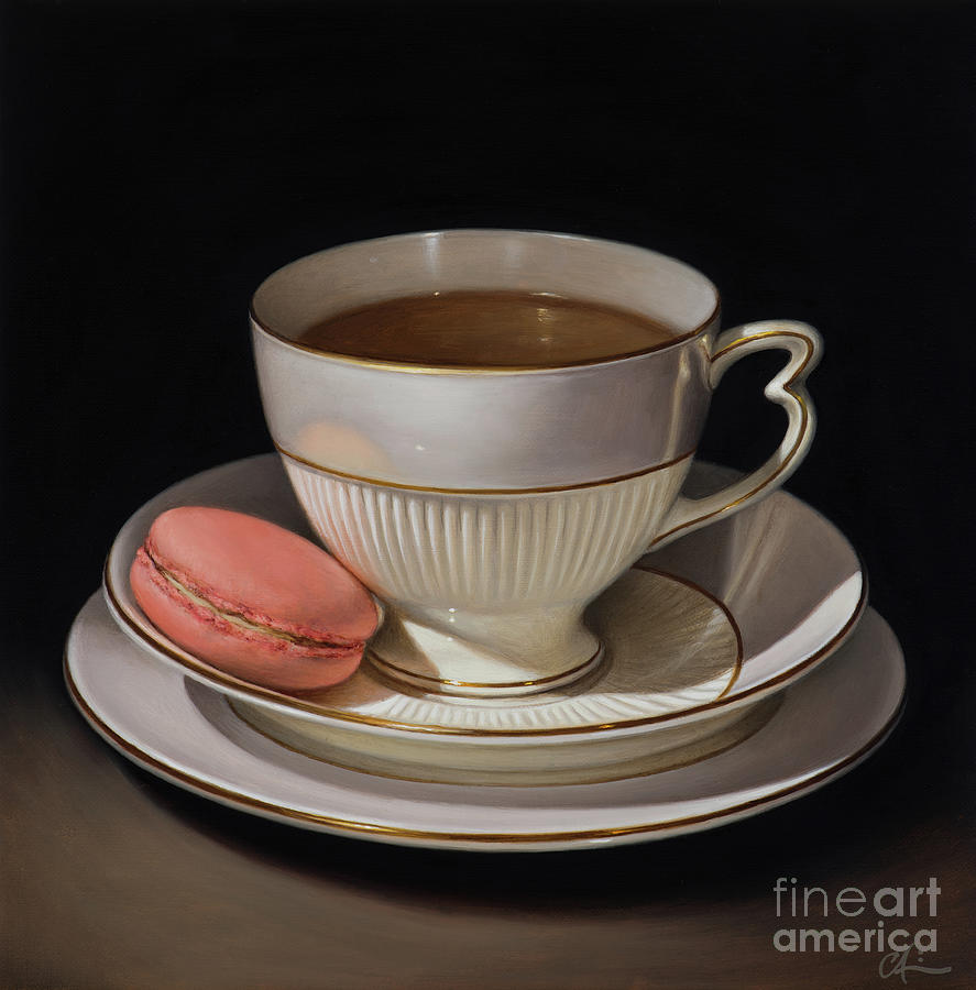 Teacup with strawberry macaron Painting by Catherine Abel