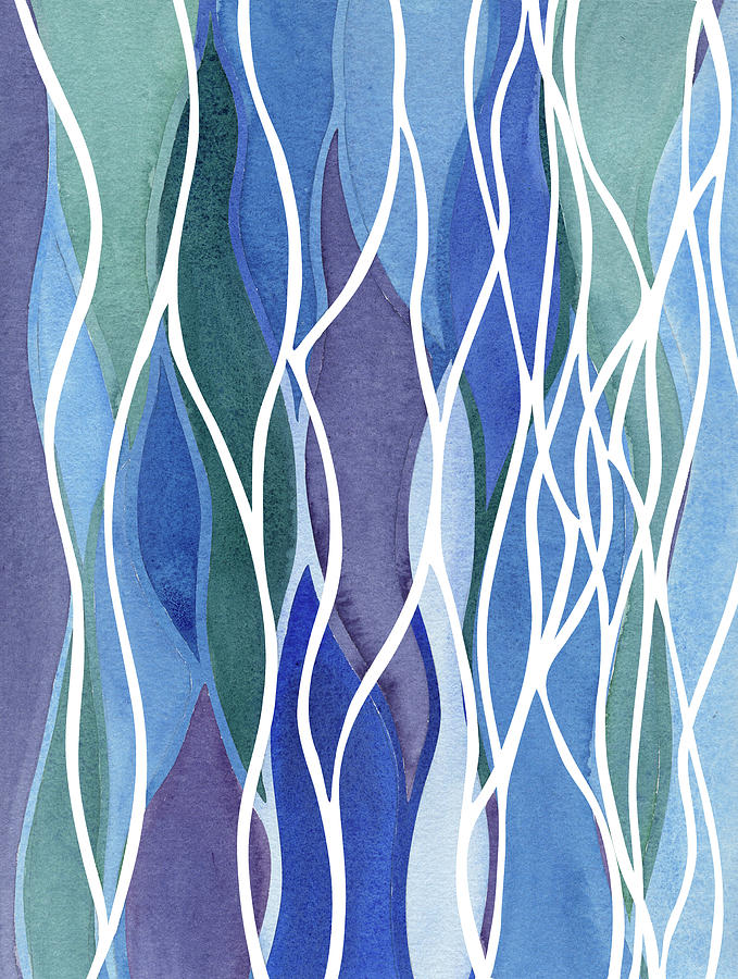 Teal And Blue White Organic Lines Watercolor Waterfall Batik Style Decor I Painting by Irina Sztukowski