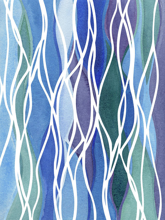 Teal And Blue White Organic Lines Watercolor Waterfall Batik Style Decor II Painting by Irina Sztukowski