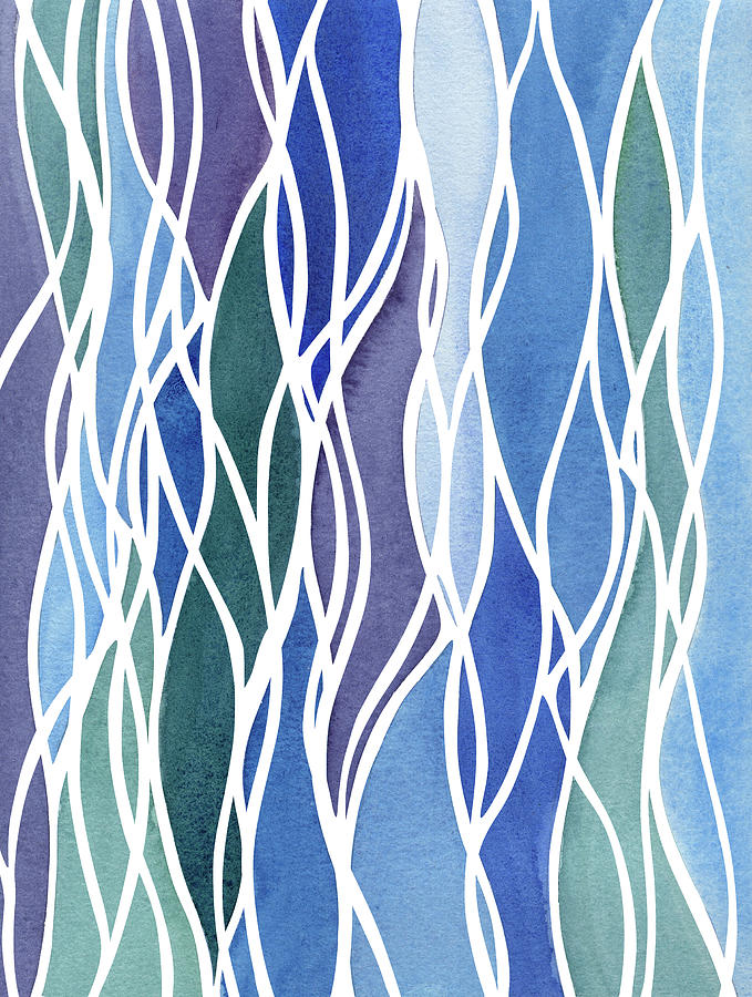Teal And Blue White Organic Lines Watercolor Waterfall Batik Style Decor III Painting by Irina Sztukowski