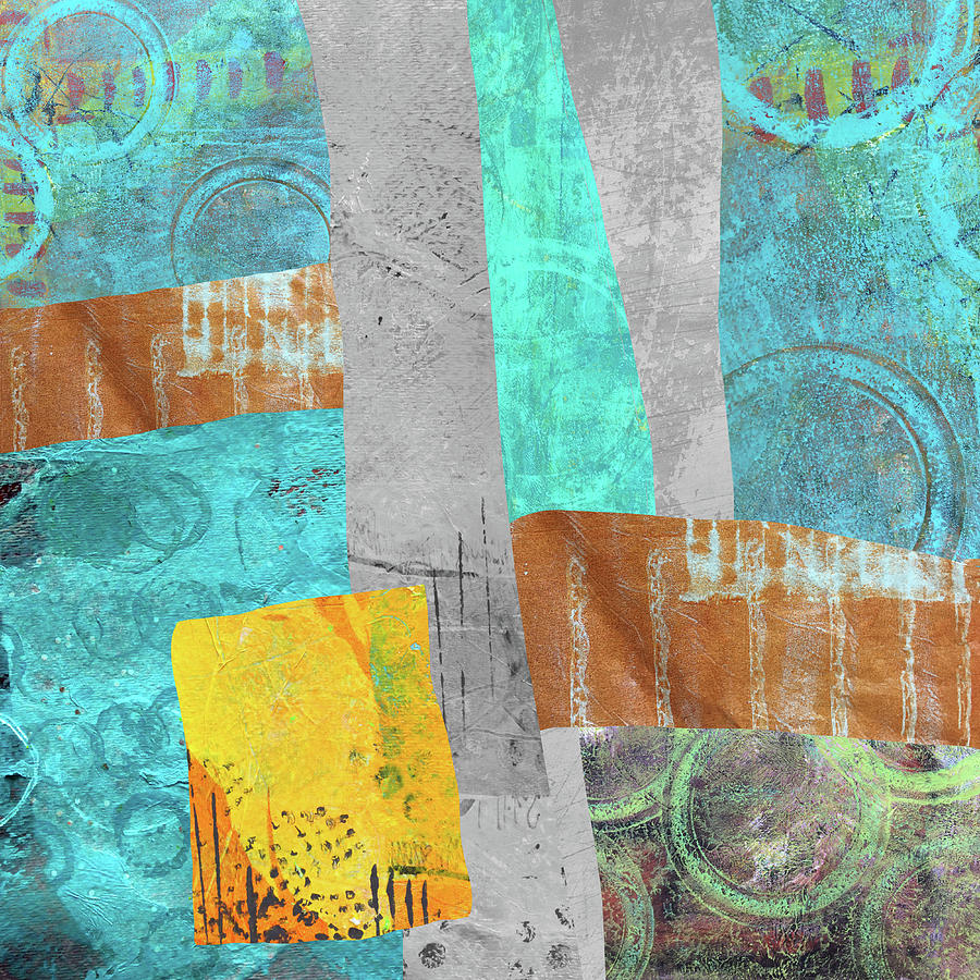 Teal and Orange Paper Collage Mixed Media by Nancy Merkle