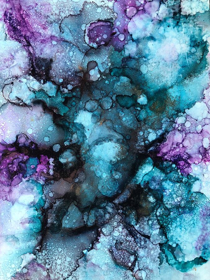 Teal and Purple Ink Abstract Painting by Rachelle Stracke