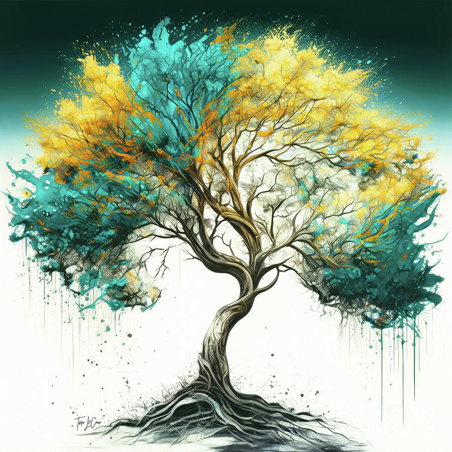 Teal And Yellow Tree Of Life Painting by Tina LeCour