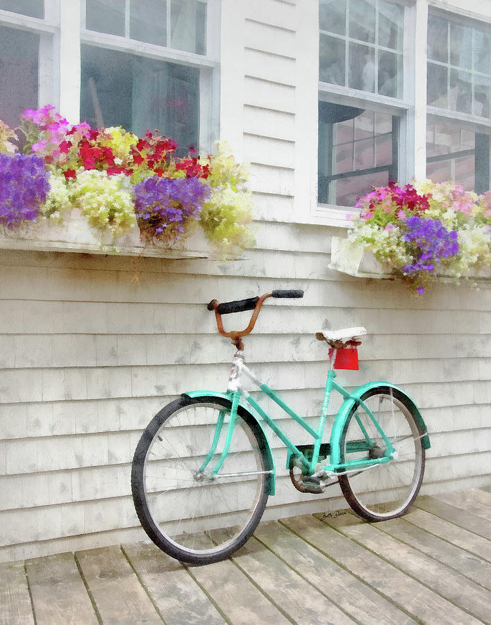Flower Photograph - Teal Bicycle and Flower Boxes, Boothbay Harbor, ME by Betty Denise