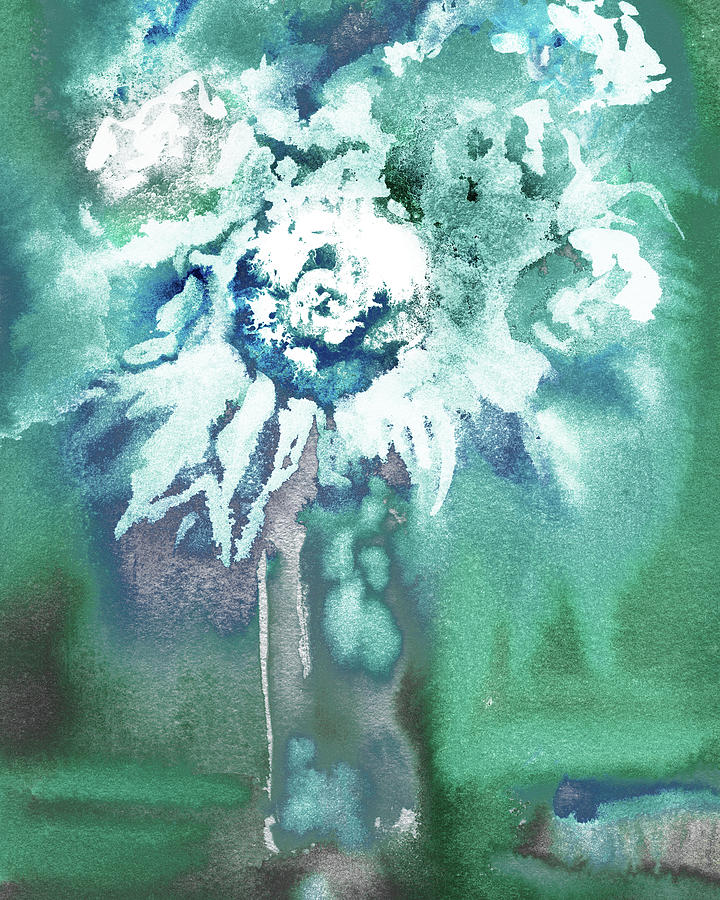 Teal Blue Abstract Watercolor Splash Floral Bouquet I Painting by Irina Sztukowski