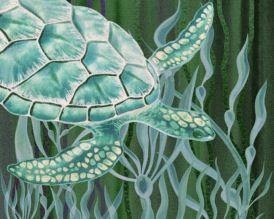 Teal Blue Baby Turtle Deep Dive Watercolor  Painting by Irina Sztukowski