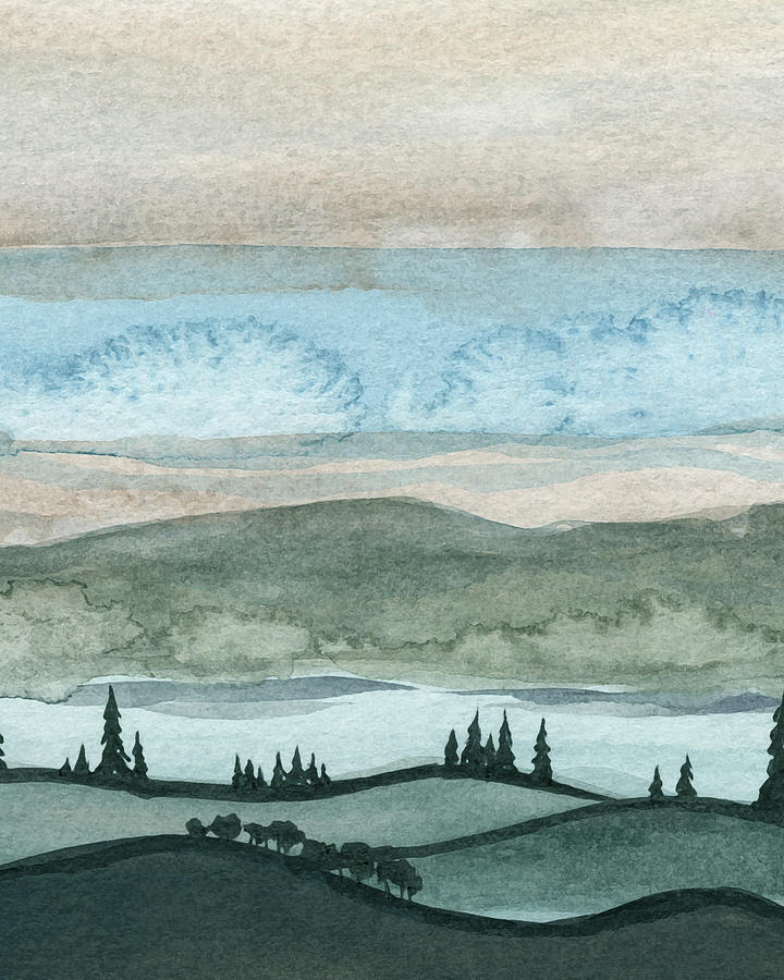 Teal Blue Calm Fog Above The River Watercolor Landscape Painting by Irina Sztukowski