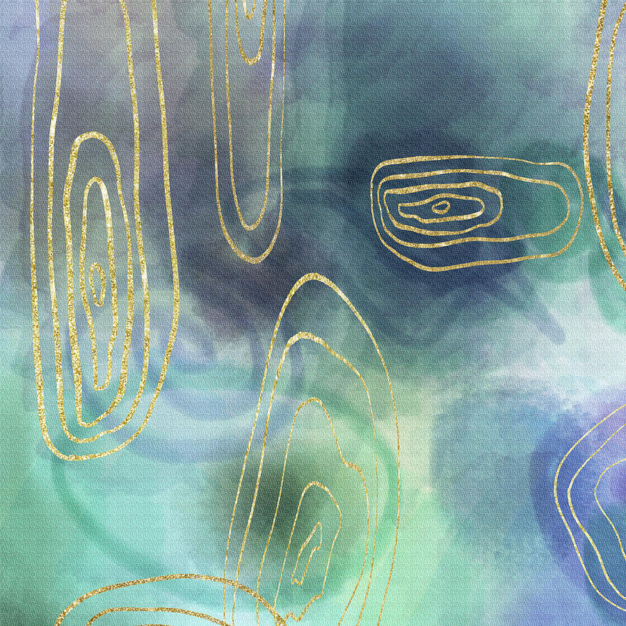 Teal Blue Golden Glow Spheres Lines Soft Cool Calm Decor I Painting by Irina Sztukowski