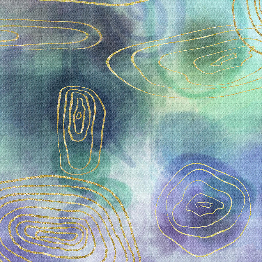 Teal Blue Golden Glow Spheres Lines Soft Cool Calm Decor II Painting by Irina Sztukowski