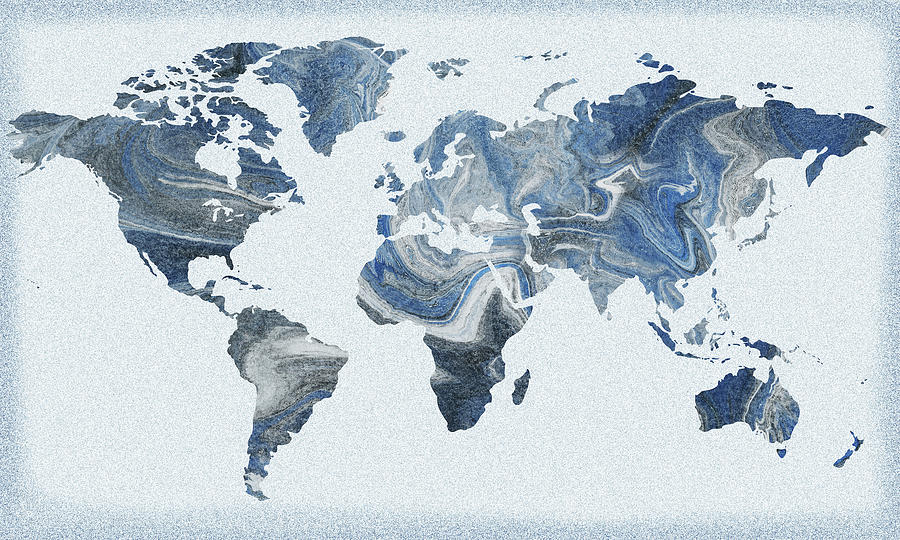 Teal Blue Gray Agate World Map Watercolor Silhouette  Painting by Irina Sztukowski