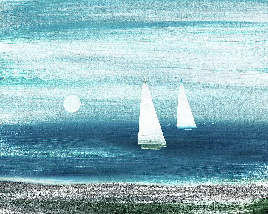 Teal Blue Gray Sailboats At The Ocean Shore Seascape Painting Beach House Art V Painting by Irina Sztukowski