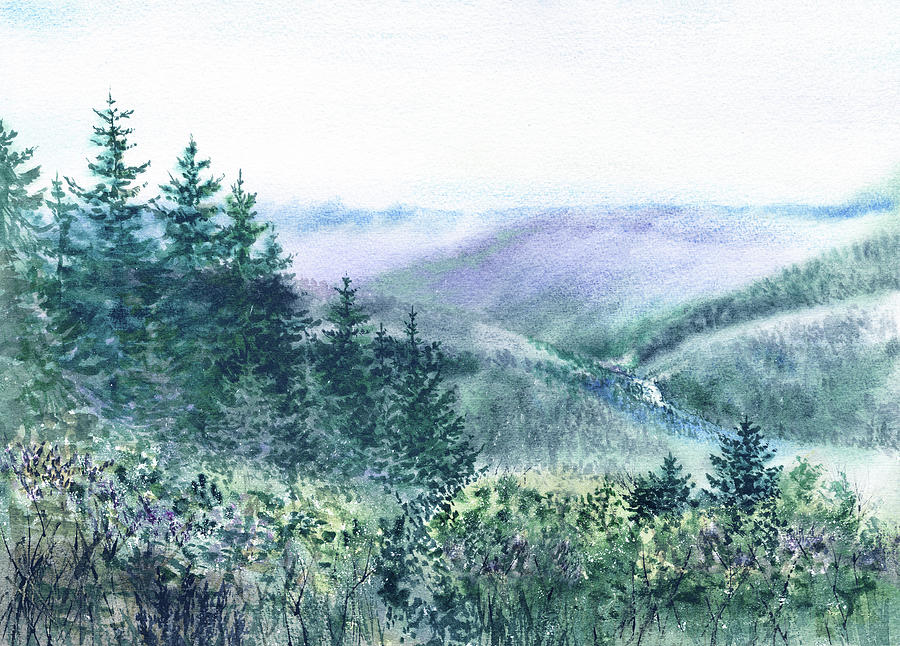 Teal Blue Indigo Forest Purple Fog In Mountains Watercolor Landscape  Painting by Irina Sztukowski