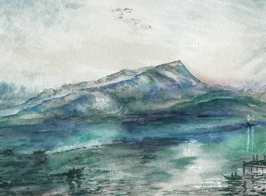 Teal Blue Mountain Ridge With The Lake Shore Watercolor  Painting by Irina Sztukowski