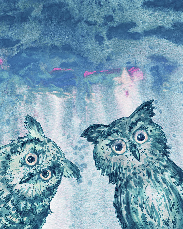Teal Blue Night Two Watercolor Owl Birds  Painting by Irina Sztukowski