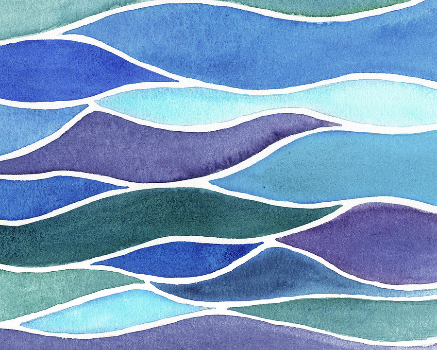 Teal Blue Ocean Waves Batik Style Watercolor  Painting by Irina Sztukowski