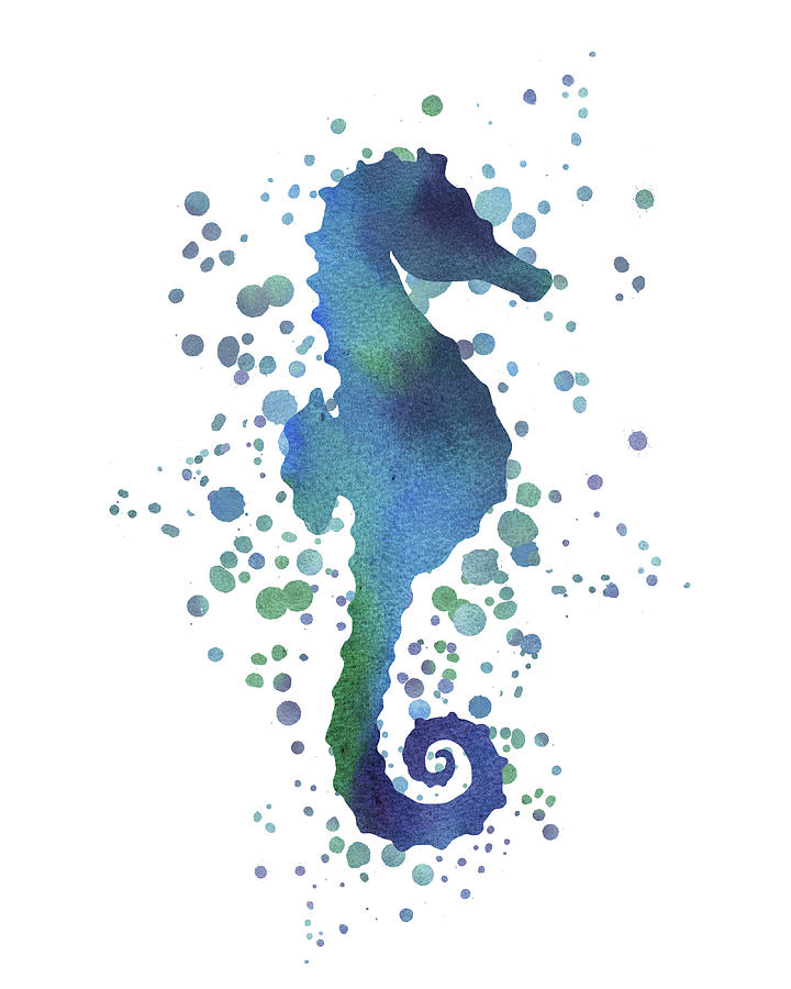 Teal Blue Seahorse And Watercolor Dots Silhouette Painting