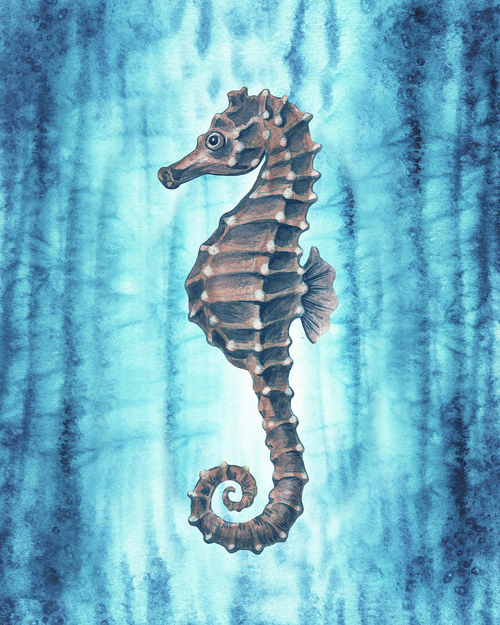 Teal Blue Seahorse Ocean Creature Watercolor by Irina Sztukowski