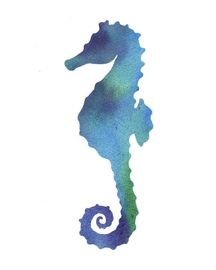Teal Blue Seahorse Watercolor Silhouette Painting by Irina Sztukowski