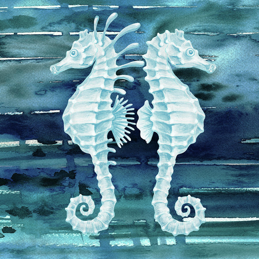 Teal Blue Seahorses In Watercolor Ocean Painting by Irina Sztukowski