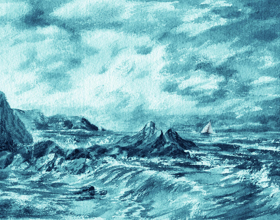 Teal Blue Storm Ocean Shore Rocks  Painting by Irina Sztukowski