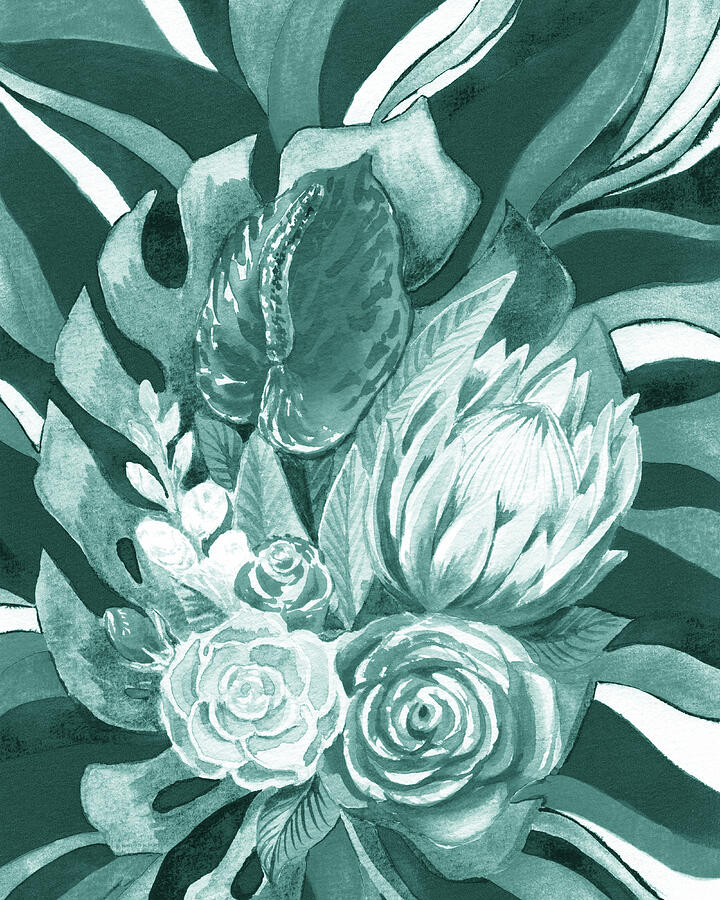 Teal Blue Tones Watercolor Flowers Bouquet Protea Anthurium Rose Monstera Leaf Painting by Irina Sztukowski Teal Blue Tones Watercolor Flowers Bouquet Protea Anthurium Rose Monstera Leaf Painting by Irina Sztukowski