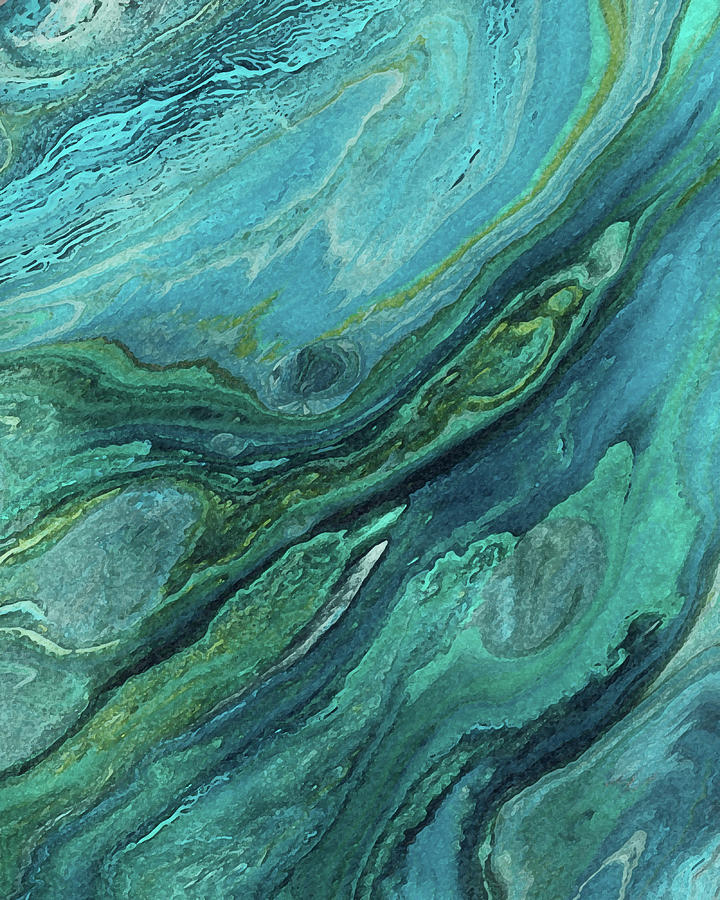 Teal Blue Turquoise Marble Abstract Watercolor Stone Collection Painting