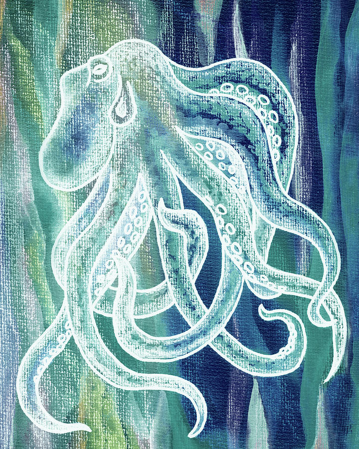 Teal Blue Watercolor Octopus Beach Art Painting by Irina Sztukowski