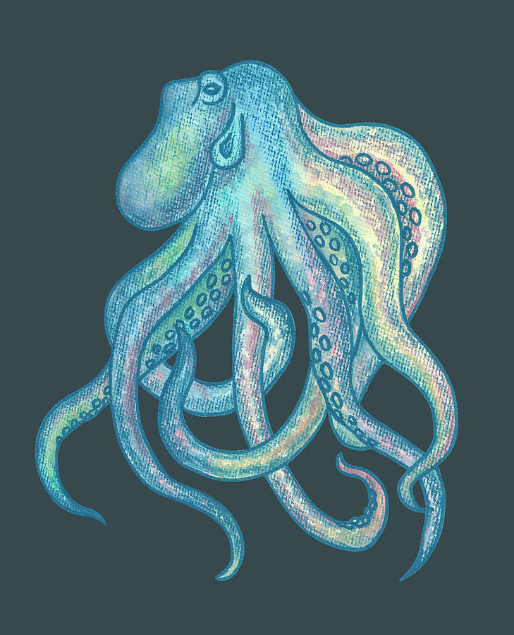 Teal Blue Watercolor Octopus Beach Art PNG Painting by Irina Sztukowski