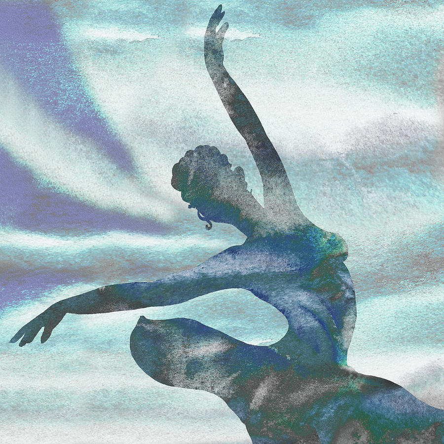 Teal Blue Watercolor Spinning Ballerina Silhouette Painting by Irina Sztukowski
