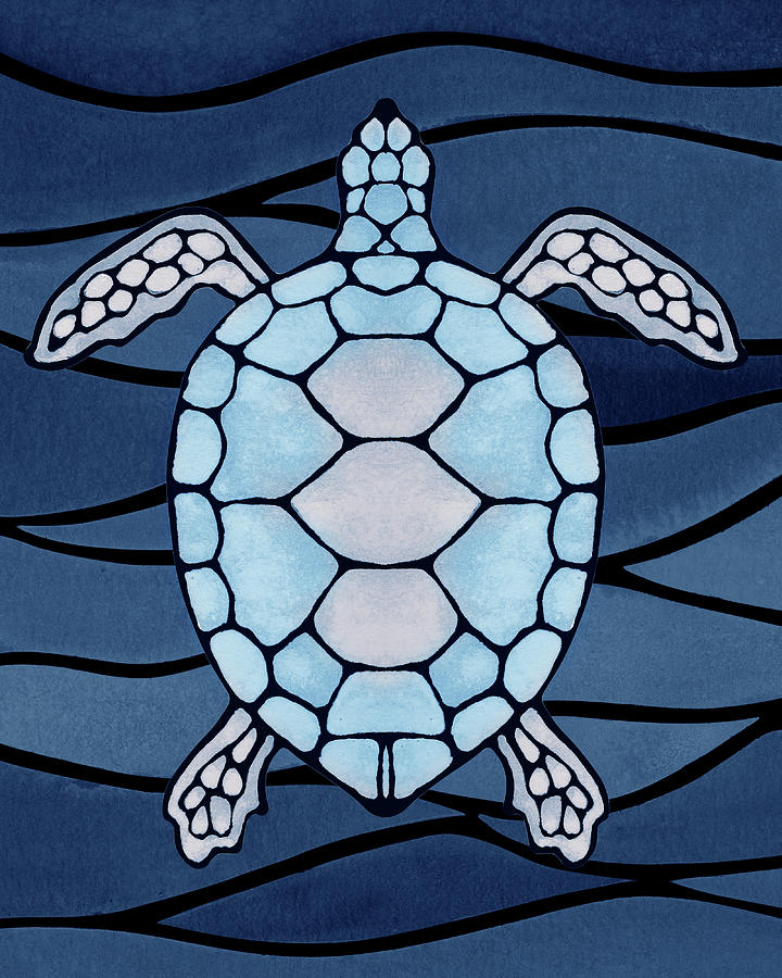 Teal Blue Watercolor Tortoise Under The Sea Turtle Native Art Ocean Creature I Painting by Irina Sztukowski