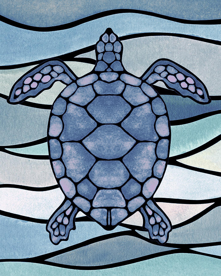 Teal Blue Watercolor Tortoise Under The Sea Turtle Native Art Ocean Creature II Painting by Irina Sztukowski
