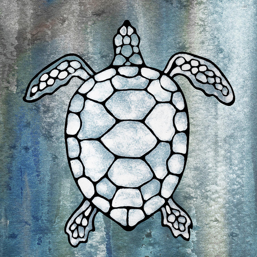 Teal Blue Watercolor Tortoise Under The Sea Turtle Native Art Ocean Creature III Painting by Irina Sztukowski