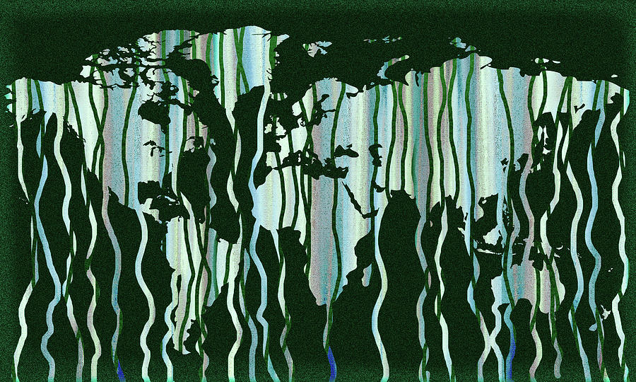 Teal Blue Wave Lines World Map Silhouette  Painting by Irina Sztukowski
