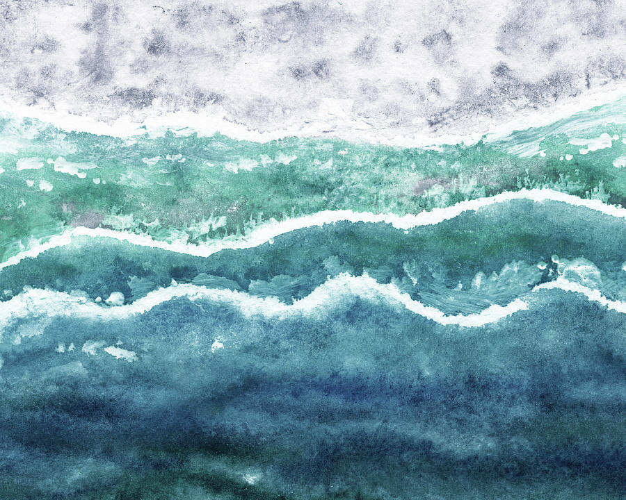 Teal Blue Wave White Beach Sand Watercolor Painting