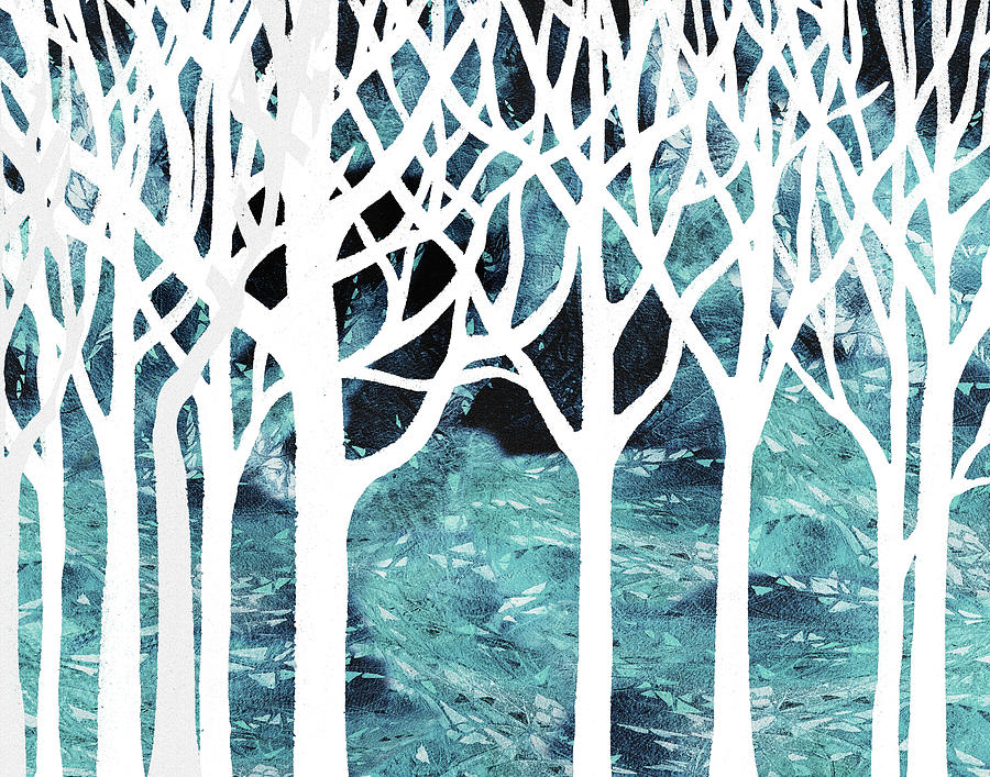 Teal Blue White Watercolor Forest Silhouette Cool Calm Decor  Painting by Irina Sztukowski